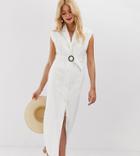 Asos Design Tall Denim Maxi Shirt Dress With Belt And Open Back Detail-white