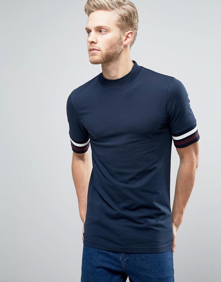 Asos Longline Muscle T-shirt With Turtleneck And Sleeve Rib In Navy - Navy
