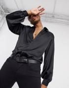 Asos Design Regular Long Sleeve Satin Shirt With Volume Sleeve In Black