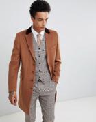 Gianni Feraud Premium Wood Blend Single Breasted Classic Overcoat With Velvet Collar-brown
