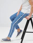 Asos Design Skinny Jeans In Mid Wash Blue With Frayed Side Stripe - Blue