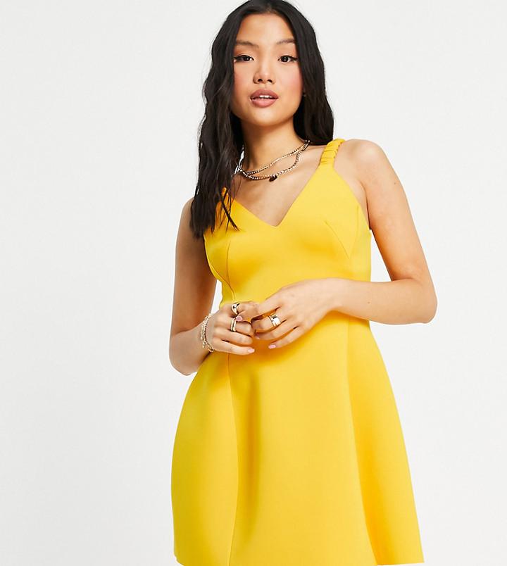 Asos Design Petite Ruched Elastic Skater Mini Dress In Gold Fusion