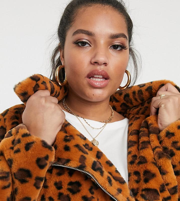 Brave Soul Plus Carla Faux Fur Leopard Biker Jacket-tan