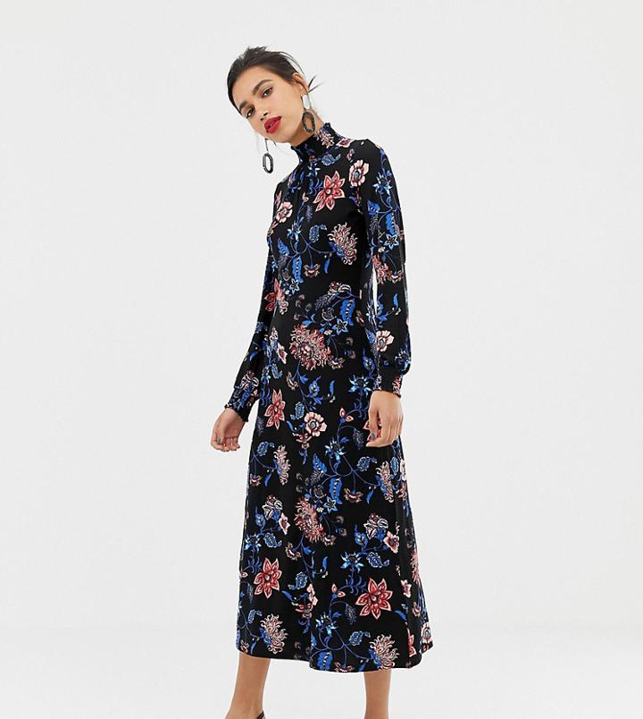 Warehouse Long Sleeve Midi Dress In Dark Floral - Black