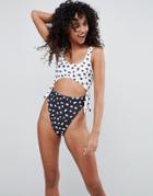 Asos Design High Leg Swimsuit In Mixed Mono Polka Dot - Multi