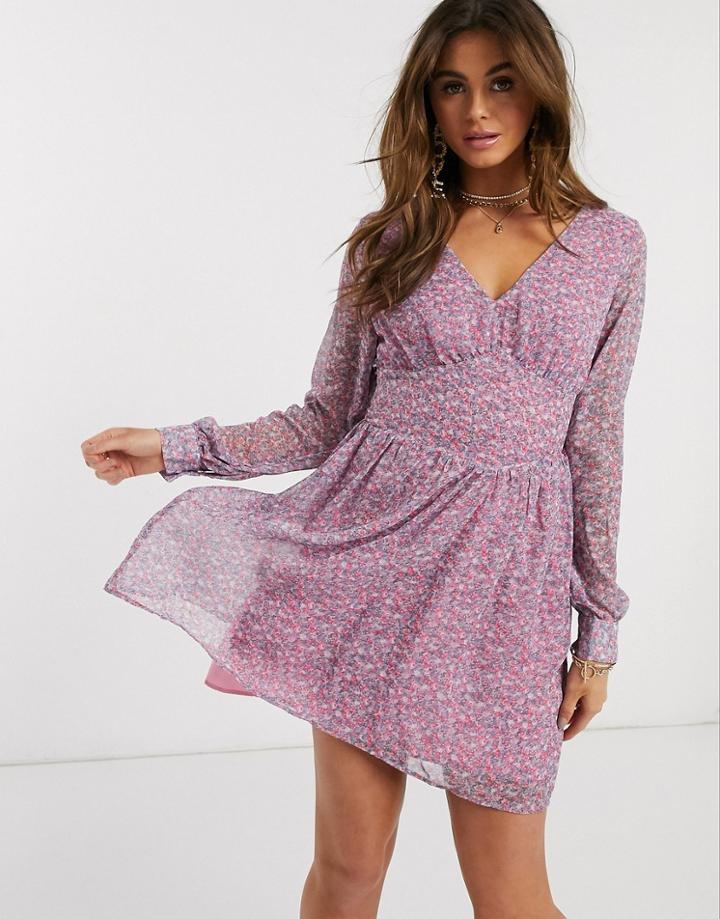Ivyrevel Balloon Sleeve Skater Tea Dress In Lilac Floral Print-multi