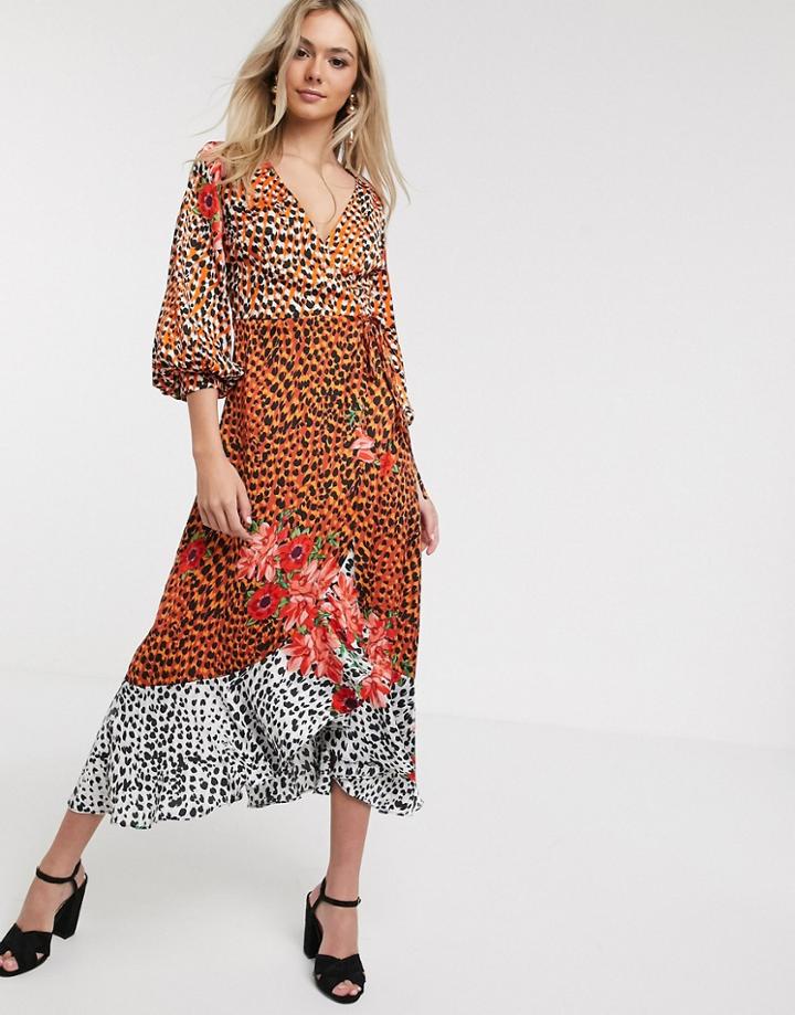Liquorish Wrap Front Satin Midaxi Dress In Animal Floral - Multi