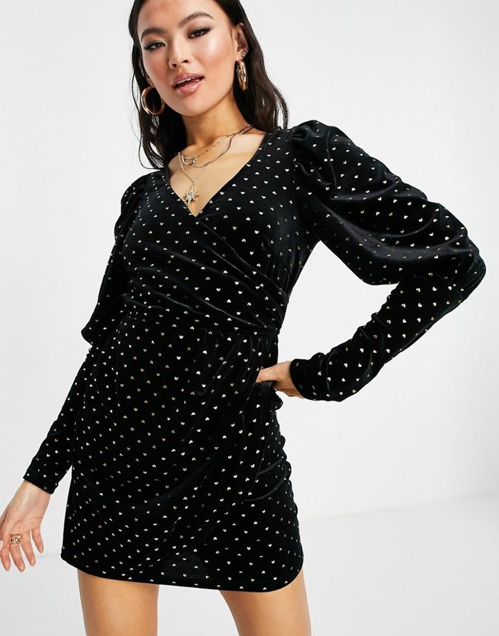 Saint Genies Heart Print Velvet Long Sleeve Wrap Mini Dress In Black