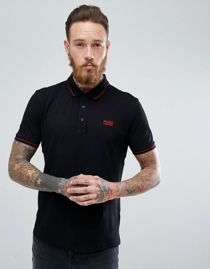 Hugo Pique Tipped Logo Polo Shirt In Black - Black