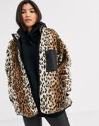 Asos Design Leopard Fleece Jacket With Binding Detail-multi