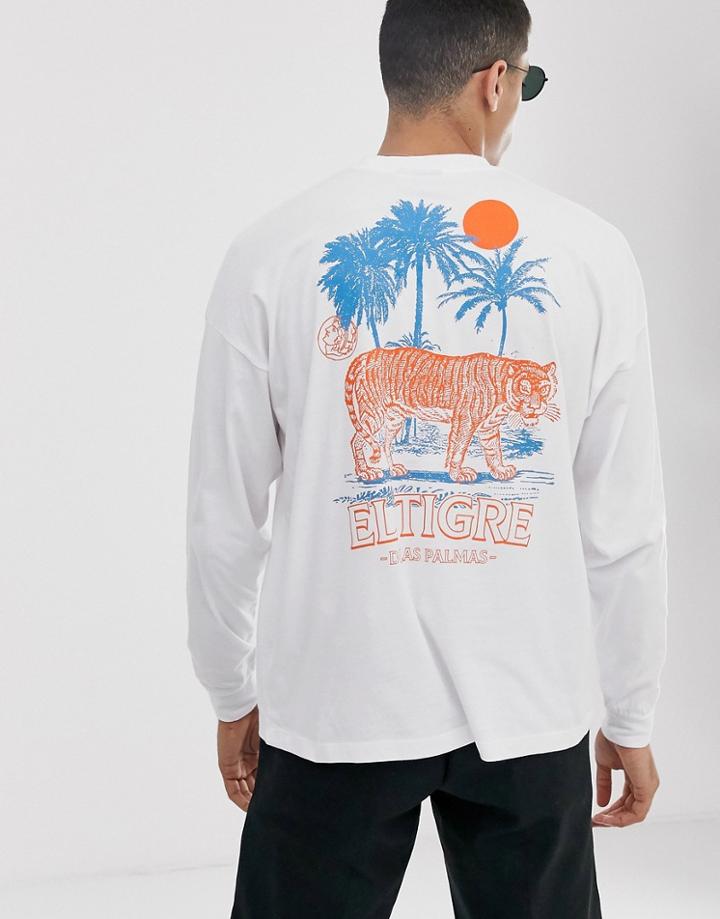 Asos Design Oversized Long Sleeve T-shirt With Tropical Back And Chest Print In White Marl