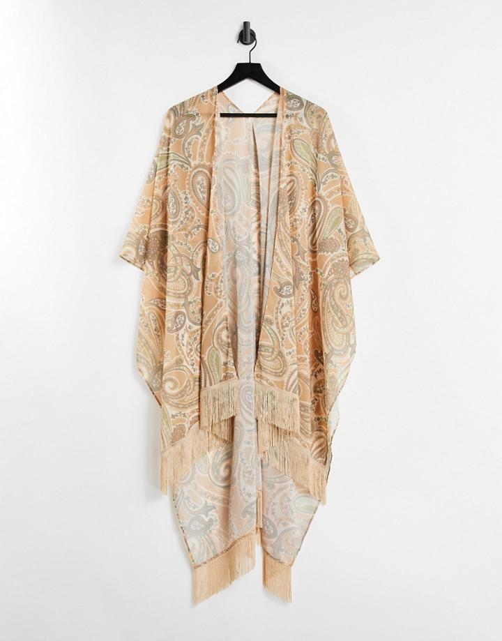 Asos Design Tassel Cape In Brown Paisley Print
