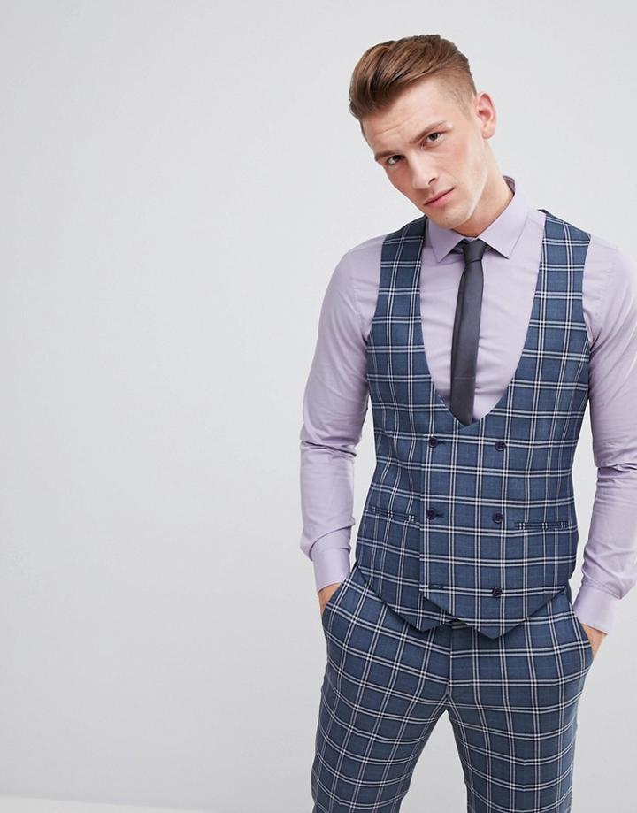 Asos Design Wedding Skinny Suit Vest In Blue And White Check - Blue