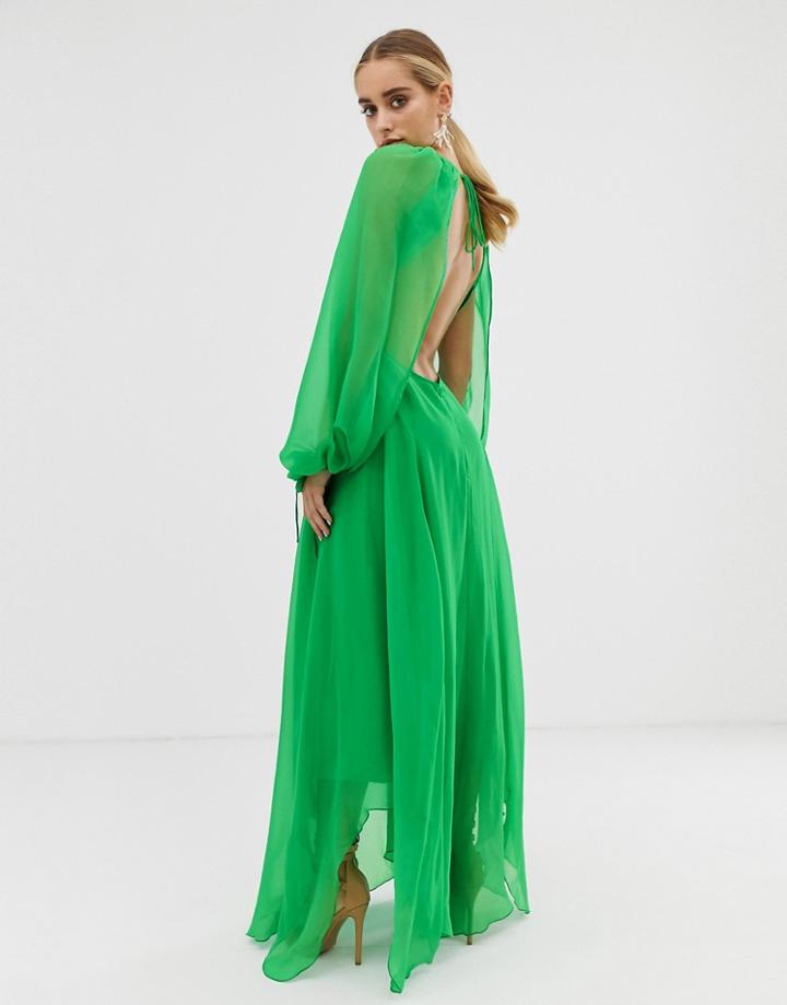 Asos Design Open Back Long Sleeve Midaxi Dress With Split Sleeve Detail-green