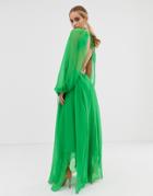 Asos Design Open Back Long Sleeve Midaxi Dress With Split Sleeve Detail-green