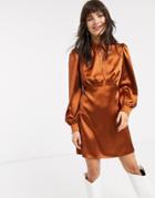 Asos Design Mini Satin Tea Dress With Collar-brown