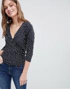 Asos Design Wrap Top With Tie Side And Ruched Sleeve Detail In Polka Dot - Black