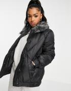 Pieces Faux Fur Collar Puffer Jacket In Black