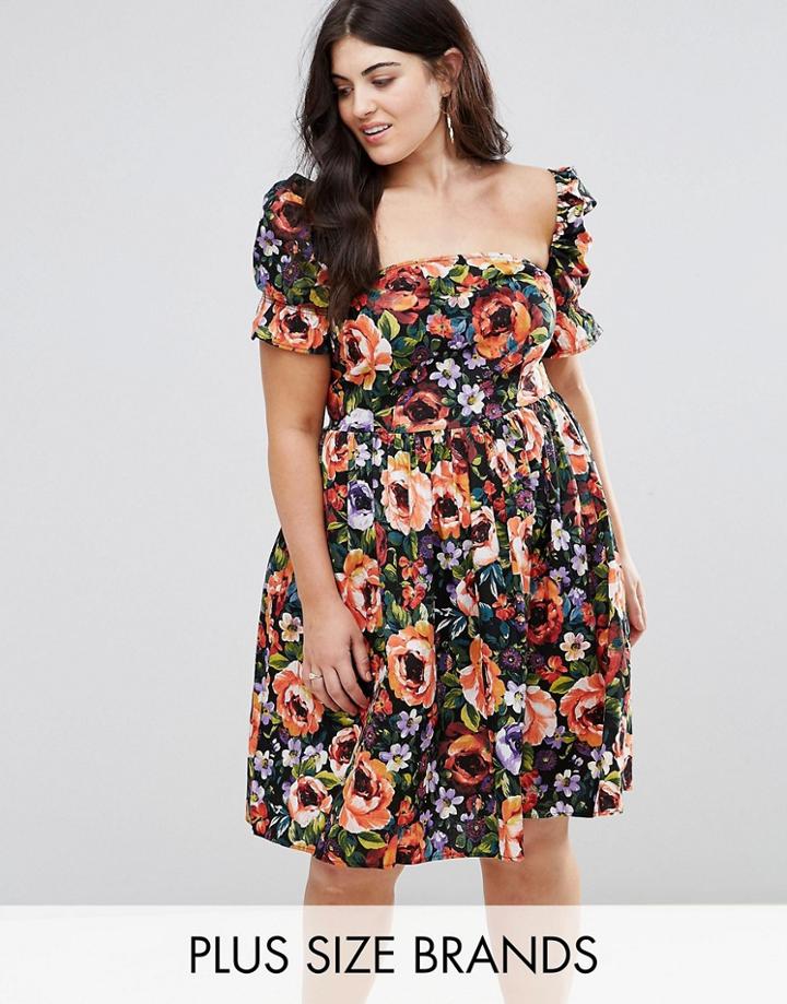 Club L Dark Base Floral Print Summer Dress With Special Sleeves - Multi