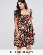 Club L Dark Base Floral Print Summer Dress With Special Sleeves - Multi
