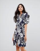 Sugarhill Boutique Roll Sleeve Palm Print Shirt Dress - Navy