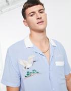 Topman Revere Shirt With Crane Embroidery In Blue-blues
