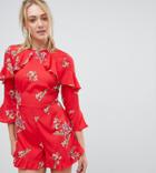 Influence Tall Frill Detail Floral Romper - Red