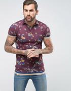 Asos Muscle Longline Polo With Revere Collar And All Over Floral Print - Red