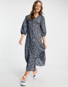 Cotton: On High Neck Button Up Midi Dress In Black Ditsy Floral