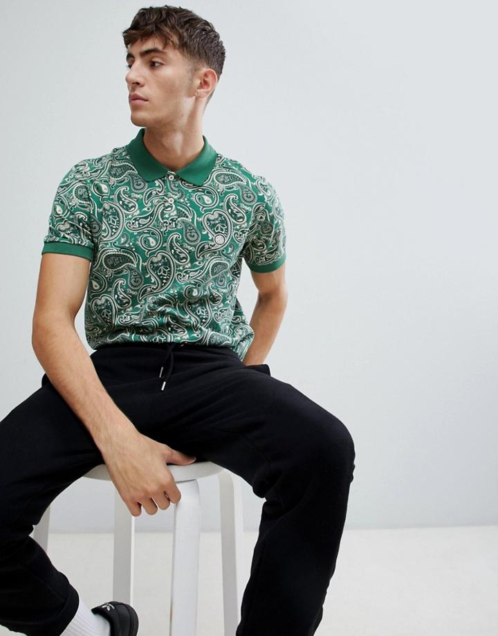 Pretty Green Tonal Paisley Polo Shirt In Green - Green