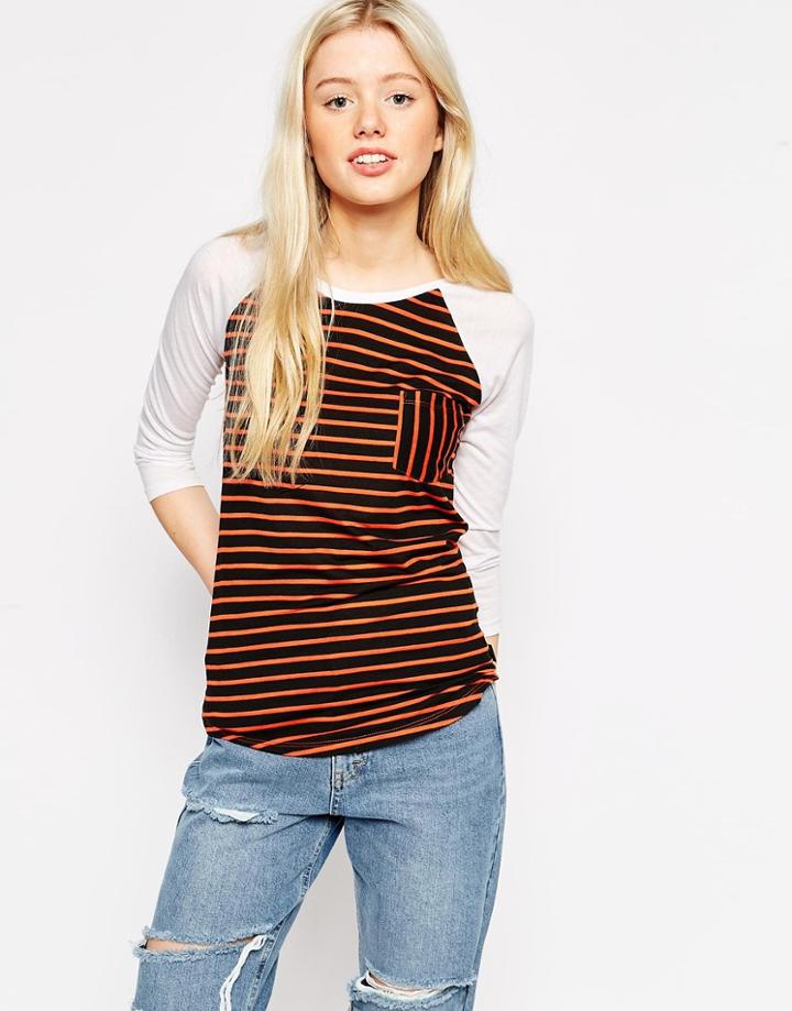 Rvca Striped T-shirt With Contrast Sleeves - Red Orange
