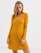 Brave Soul Skyla Rib Dress With Button Front-yellow