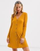 Brave Soul Skyla Rib Dress With Button Front-yellow