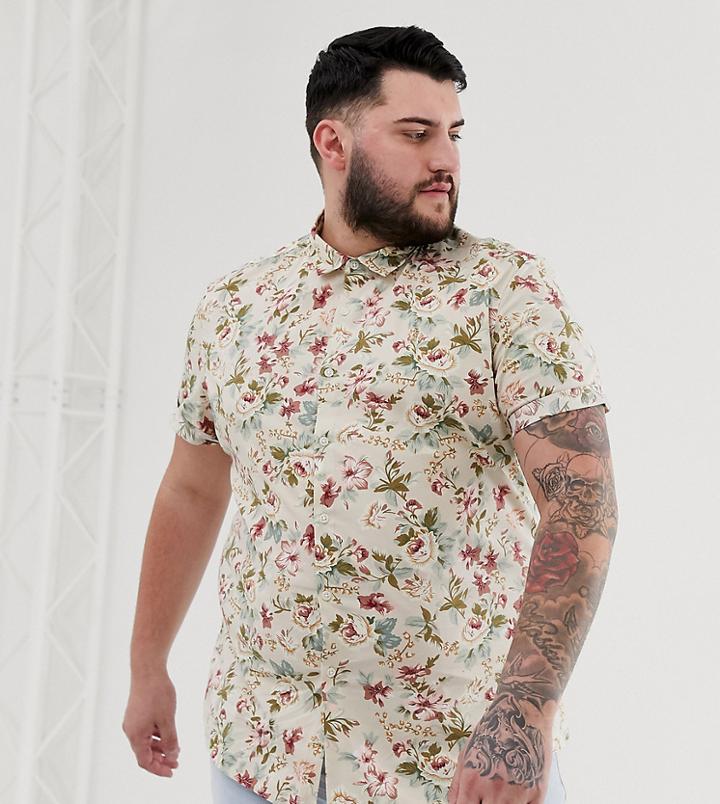 Asos Design Plus Skinny Fit Floral Shirt In Ecru-white