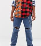 Collusion X005 Straight Leg Jean In Classic Blue Mid Wash With Rips - Blue