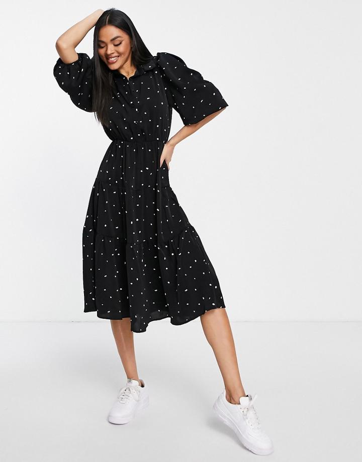 Ax Paris Tiered Midi Dress With Puff Sleeves In Black Polka Dot