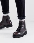 Asos Design Lace Up Brogue Boots In Burgundy Faux Leather With Raised Chunky Black Sole