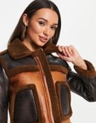 French Connection Belle Cropped Faux Fur And Pu Jacket In Brown Color Block-multi