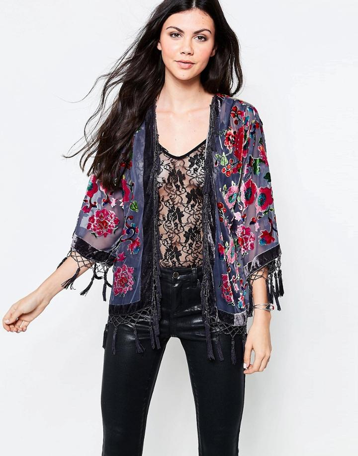 Jayley Festival Floral Cropped Velvet Devore Kimono - Black