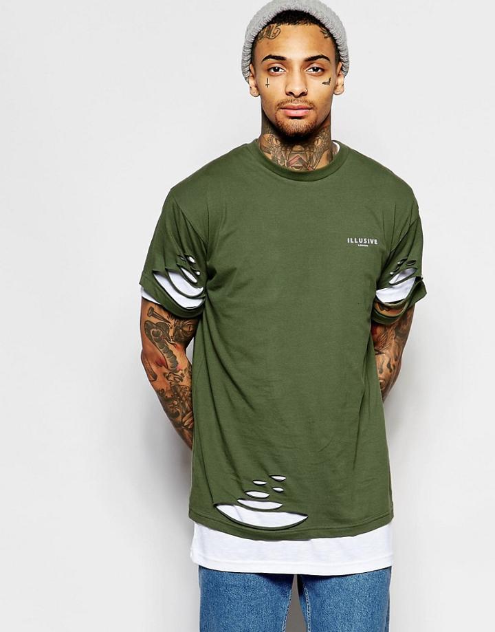 Illusive London Double Layered Longline T-shirt With Rips - Green