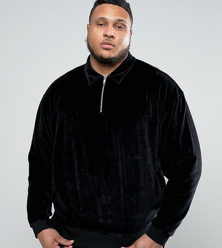 Asos Plus Oversized Sweatshirt With Half Zip And Collar In Velour - Black