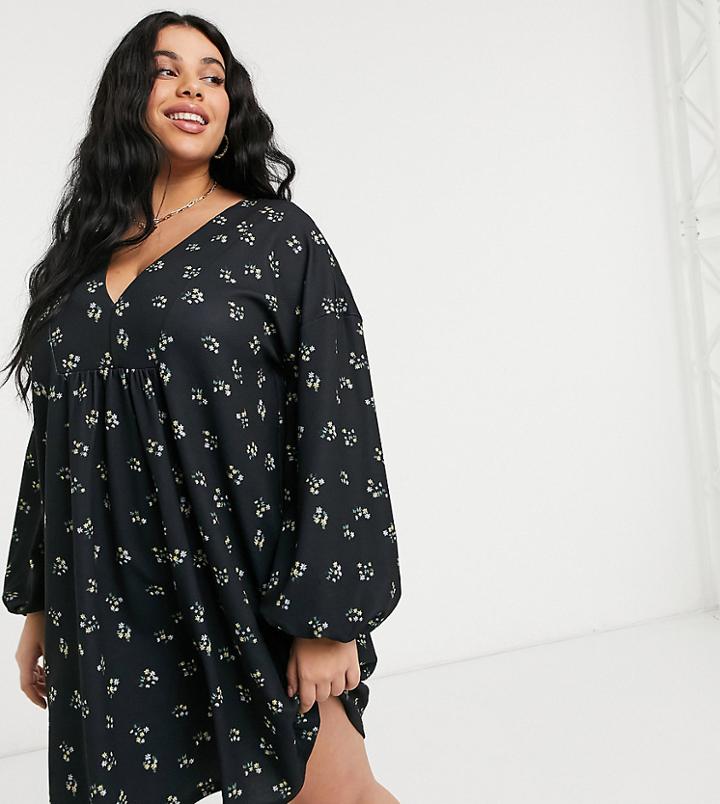 Asos Design Curve Long Sleeve V Neck Mini Dress In Black With Yellow Ditsy Floral Print