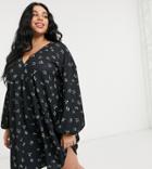 Asos Design Curve Long Sleeve V Neck Mini Dress In Black With Yellow Ditsy Floral Print