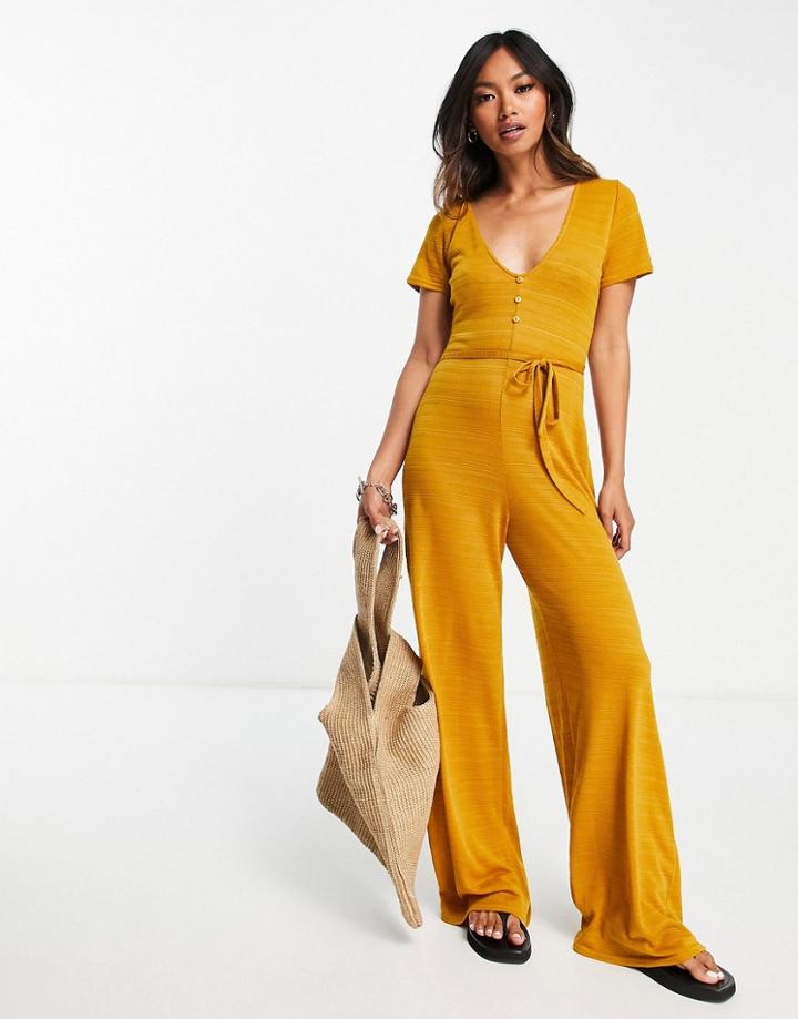 Asos Design Button Front Crochet Wide Leg Jumpsuit In Rust-brown