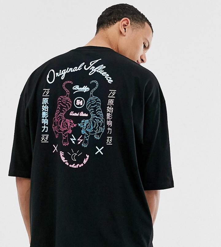 Asos Design Tall Oversized T-shirt With Half Sleeve And Tiger Neon Back Print-black