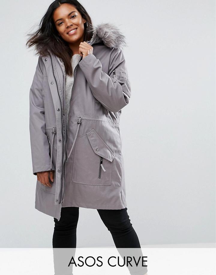 Asos Curve Parka With Detachable Faux Fur Liner - Gray