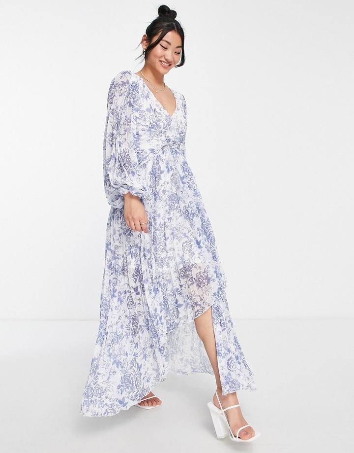 Style Cheat Twist Waist Pleated Maxi Dress In Blue Floral