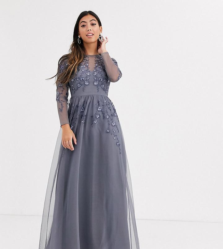 Asos Design Petite Long Sleeve Maxi Dress In Embroidered Mesh-blue