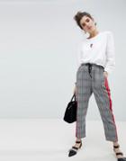 Neon Rose Cigarette Pants With Sports Stripe In Prince Of Wales Check - Gray