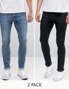 Asos Super Skinny Jeans 2 Pack In Black & Mid Blue - Multi
